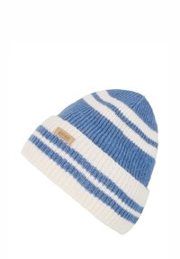 Bonnet tricoté en bleu et blanc avec des rayures horizontales, présentant une texture côtelée et une petite étiquette rectangulaire avec le mot "Protest".