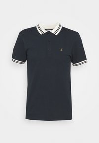 Navy cotton polo shirt with a cream ribbed collar, two-button placket, and striped accents on sleeves; features a small embroidered logo.