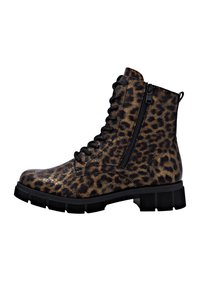 Stivaletti alla caviglia con stampa leopardata, dalla superficie testurizzata, con lacci neri, zip laterale e suola nera chunky.