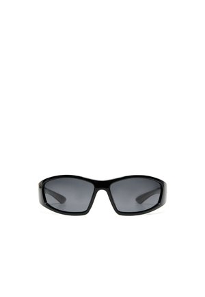 Black wraparound sunglasses with dark tinted rectangular lenses and a glossy frame on a white background.