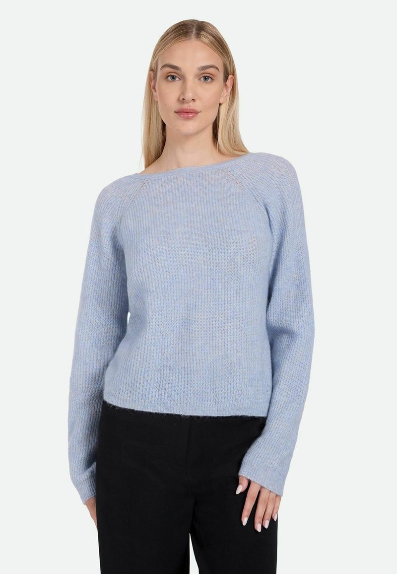 Hellblaue, gerippte Strickjacke mit langen Ärmeln und Rundhalsausschnitt, mit lockerer Passform und strukturiertem Geflecht.
