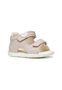 Sandalo in suede rosa con punta e lati aperti, dotato di due cinturini regolabili in velcro e suola bianca strutturata. Accenti di glitter sottili.
