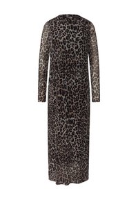Květinové midi šaty s dlouhým rukávem, leopardí potisk v průsvitném materiálu a kulatým výstřihem, s odstíny hnědé a černé.