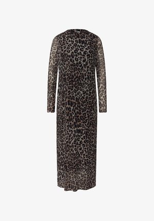 Langarm midi-jurk met luipaardprint van doorschijnende stof en een ronde halslijn, met tinten bruin en zwarte vlekken.