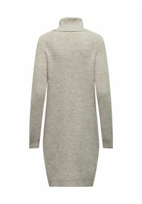 Robe tricotée gris clair avec un col montant et des manches longues, présentant une texture douce et une coupe ajustée, arrivant jusqu'à mi-thigh.