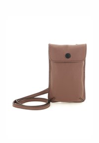 Borsa a tracolla in pelle marrone con finitura testurizzata, angoli arrotondati, chiusura a scatto e tracolla regolabile abbinata. Design compatto per gli elementi essenziali.