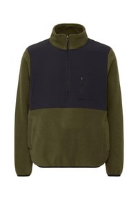Fleece pulóver v olivovo zelenej a námorníckej modrej farbe, s vysokým golierom, polozipsom a náprsné vrecko. Textúrovaná tkanina a elastické manžety.