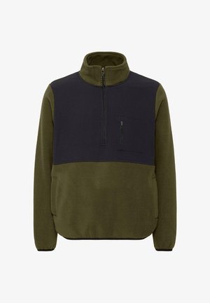 Fleece pullover in olijfgroen en marineblauw, met een hoge kraag, halve rits en een borstzak. Gestructureerde stof en elastische manchetten.