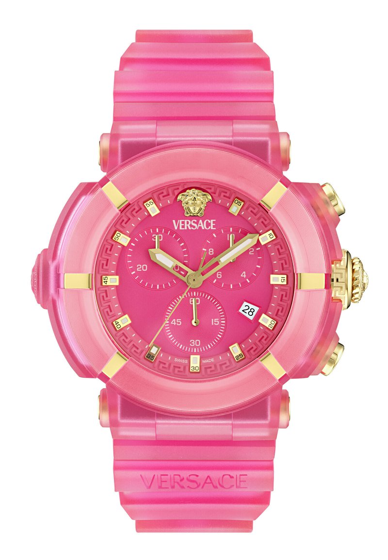 Roosa Versace kell kuldsete aktsentidega, kolme aladialkiga, kuupäevanäidikuga kellanäidiku juures 4, Medusa logo 12 juures ja tekstureeritud silikoonrihm.