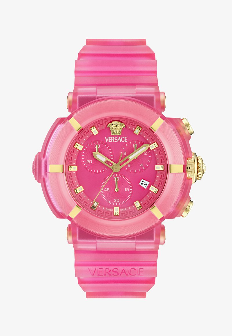 Roosa Versace kell kuldsete aktsentidega, kolme aladialkiga, kuupäevanäidikuga kellanäidiku juures 4, Medusa logo 12 juures ja tekstureeritud silikoonrihm.