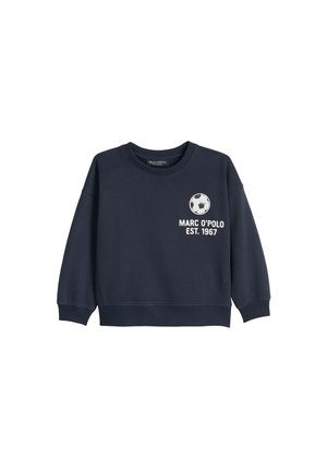 Sweat-shirt bleu marine avec poignets et ourlet côtelés, arborant un petit motif de ballon de football et le texte "MARC O'POLO EST. 1967" sur la poitrine.