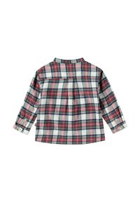 Långärmad flanellskjorta i flerfärgad rutigt (röd, marinblå, vit) med knappad krage och knäppningsärmar, mjuk textur.