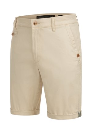 Beige shorts laget av bomull med flat front, som har to lommer, rullekanter, knappeåpning og en subtil merkevaredetalj.