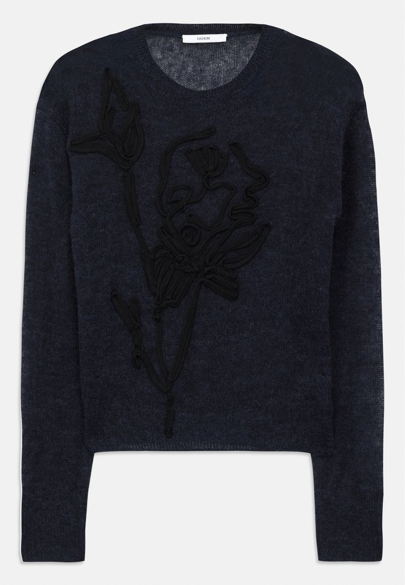 Navy blue sweater made of soft yarn featuring a textured black floral embroidery design on the front and a classic crew neckline.