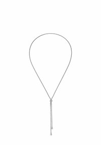 Silberne Kettenhalskette mit Y-förmigem Design, das ein Knotendetail in der Mitte und zwei hängende Stränge mit kleinen dekorativen Enden aufweist.