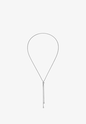 Silberne Kettenhalskette mit Y-förmigem Design, das ein Knotendetail in der Mitte und zwei hängende Stränge mit kleinen dekorativen Enden aufweist.