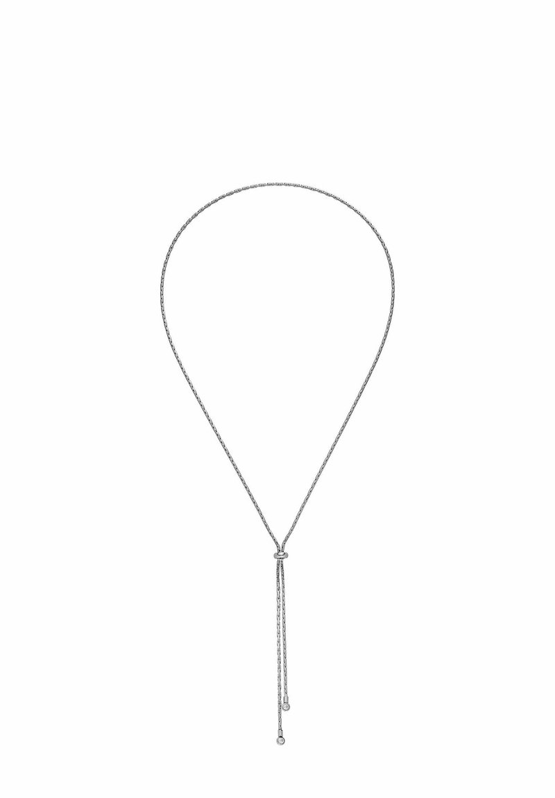 Silberne Kettenhalskette mit Y-förmigem Design, das ein Knotendetail in der Mitte und zwei hängende Stränge mit kleinen dekorativen Enden aufweist.