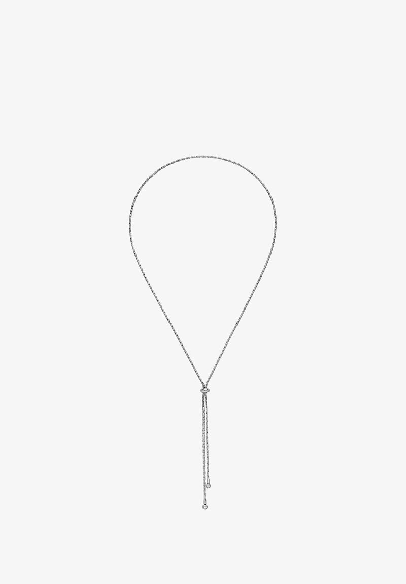 Silberne Kettenhalskette mit Y-förmigem Design, das ein Knotendetail in der Mitte und zwei hängende Stränge mit kleinen dekorativen Enden aufweist.