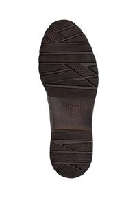Suola di una scarpa marrone scuro con battistrada testurizzato, caratterizzata dal nome del marchio Tamaris e dalla taglia 37 impressi al centro.