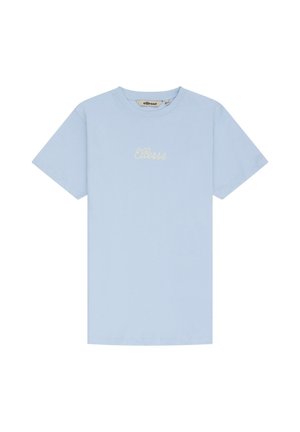 T-shirt bleu clair à manches courtes avec col rond et logo « Ellesse » imprimé en écriture blanche sur la poitrine.