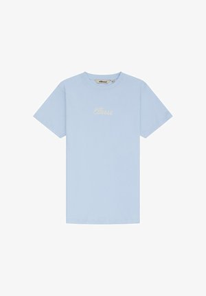 Camiseta de manga corta azul claro con cuello redondo y logo "Ellesse" impreso en blanco en el pecho.