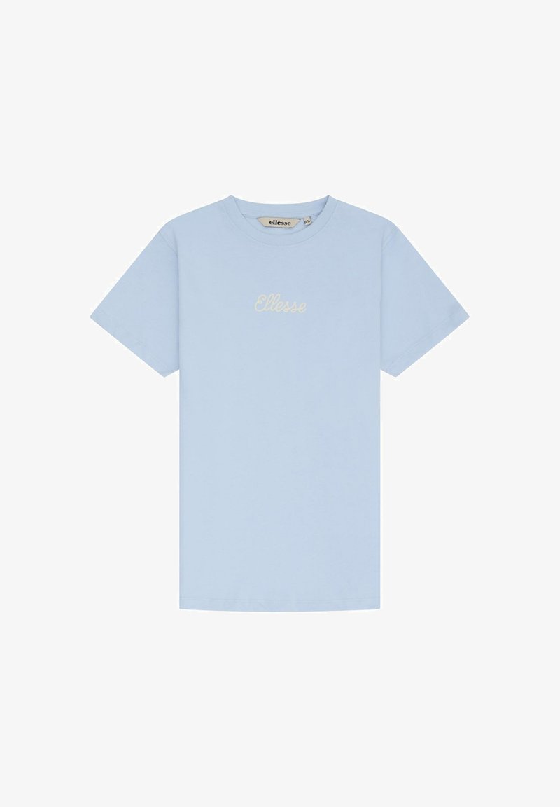 Maglietta a maniche corte di colore azzurro chiaro con scollo rotondo e logo "Ellesse" stampato in bianco sul petto.