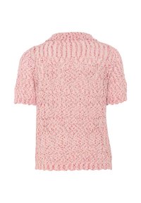 Maglione a maniche corte in rosa chiaro con motivo testurizzato, girocollo e dettagli a coste sull'orlo. La vista posteriore mostra la distribuzione uniforme del design.