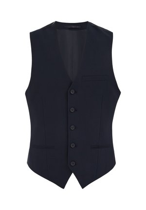 Chaleco formal azul marino con cinco botones delanteros, escote en V y bolsillos ribeteados en el frente y el pecho.