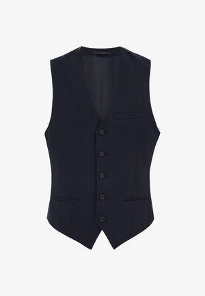 Chaleco formal azul marino con cinco botones delanteros, escote en V y bolsillos ribeteados en el frente y el pecho.