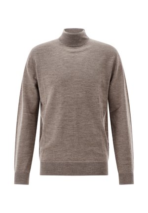 Hellbraunes langärmliges Rollkragenpullover mit geripptem Kragen, Bündchen und Saum, vor weißem Hintergrund präsentiert.