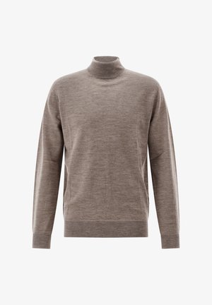 Hellbraunes langärmliges Rollkragenpullover mit geripptem Kragen, Bündchen und Saum, vor weißem Hintergrund präsentiert.