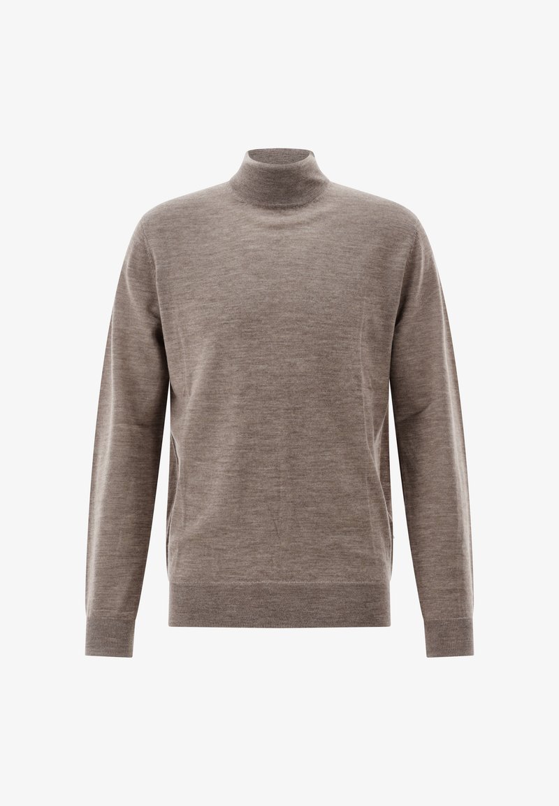 Hellbraunes langärmliges Rollkragenpullover mit geripptem Kragen, Bündchen und Saum, vor weißem Hintergrund präsentiert.