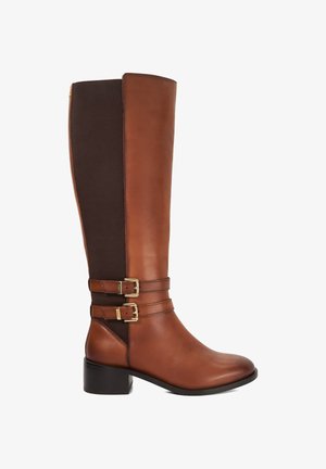 Knee-high brown leather boots with brown elastic panels, gold buckles, and a chunky heel. Smooth texture with stitched accents.