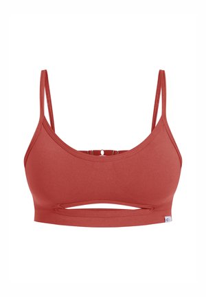 Reggiseno sportivo rosso con spalline sottili regolabili, tessuto a coste e un dettaglio con taglio davanti. Presenta una piccola etichetta del logo all'orlo.