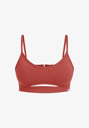 Reggiseno sportivo rosso con spalline sottili regolabili, tessuto a coste e un dettaglio con taglio davanti. Presenta una piccola etichetta del logo all'orlo.