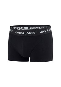 Zwarte boxershorts van zacht materiaal met een brede, contrasterende elastische tailleband waarin "JACK & JONES" in witte tekst is gedrukt.