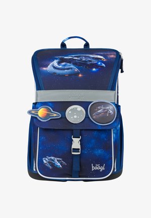 Blue backpack featuring a space theme, with a graphic of a spaceship and planets. Includes three decorative patches and silver hardware.