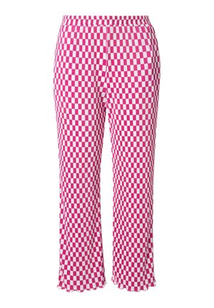 Pantaloni a quadri rosa e bianchi con vita elastica, lunghezza cropped e orlo leggermente arricciato. Realizzati in tessuto leggero e a coste.