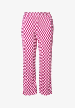 Pantaloni a quadri rosa e bianchi con vita elastica, lunghezza cropped e orlo leggermente arricciato. Realizzati in tessuto leggero e a coste.