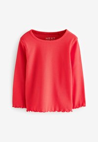 Rotes, geripptes Langarmoberteil mit rundem Halsausschnitt und gewelltem Saum. Aus strukturiertem Stoff, geeignet für den Freizeitlook. Marke: NEXT.