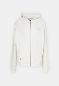 Felpa bianca con zip, tasca frontale, maniche raglan e stampa "PEQUS" di colore azzurro chiaro sul petto. Materiale morbido con una texture liscia.