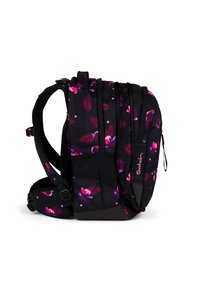 Black textured backpack featuring a floral pattern in pink and purple. Adjustable straps and a side pocket are visible. Brand name displayed.