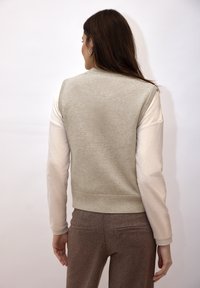 Pull tricoté gris clair avec manches longues beiges, ourlet côtelé et coupe décontractée. Pantalon en laine beige avec poches latérales. Vue de dos.