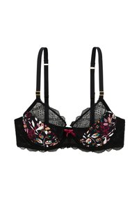 Soutien-gorge en dentelle noire avec des bonnets à motif floral et des accents roses et bleus. Bretelles réglables et un nœud décoratif rose au centre.