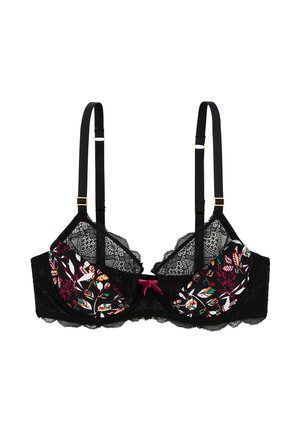 Soutien-gorge en dentelle noire avec des bonnets à motif floral et des accents roses et bleus. Bretelles réglables et un nœud décoratif rose au centre.