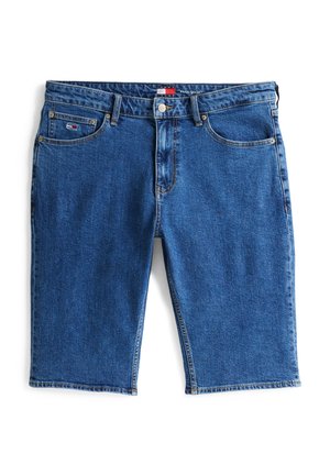 Denim-Shorts in mittlerem Blau, mit geradem Schnitt, fünf Taschen-Design und kontrastierendem Nähen. Etikett am Bund genäht.