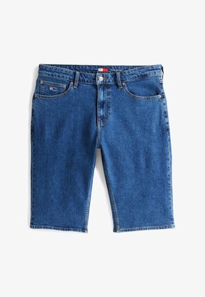 Denim shorts in medium blue, featuring a straight cut, five-pocket design, and contrast stitching. Label stitched at waistband.