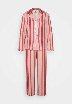 Striped pajama set in pink tones, featuring long-sleeve top with collar, tie details, and matching straight-leg pants. Soft fabric texture.