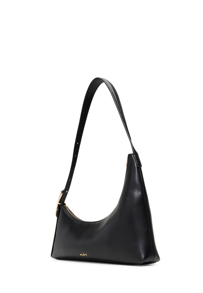 Black leather shoulder bag with a curved shape, a long adjustable strap, and subtle gold hardware accents. Features smooth texture and minimal branding.