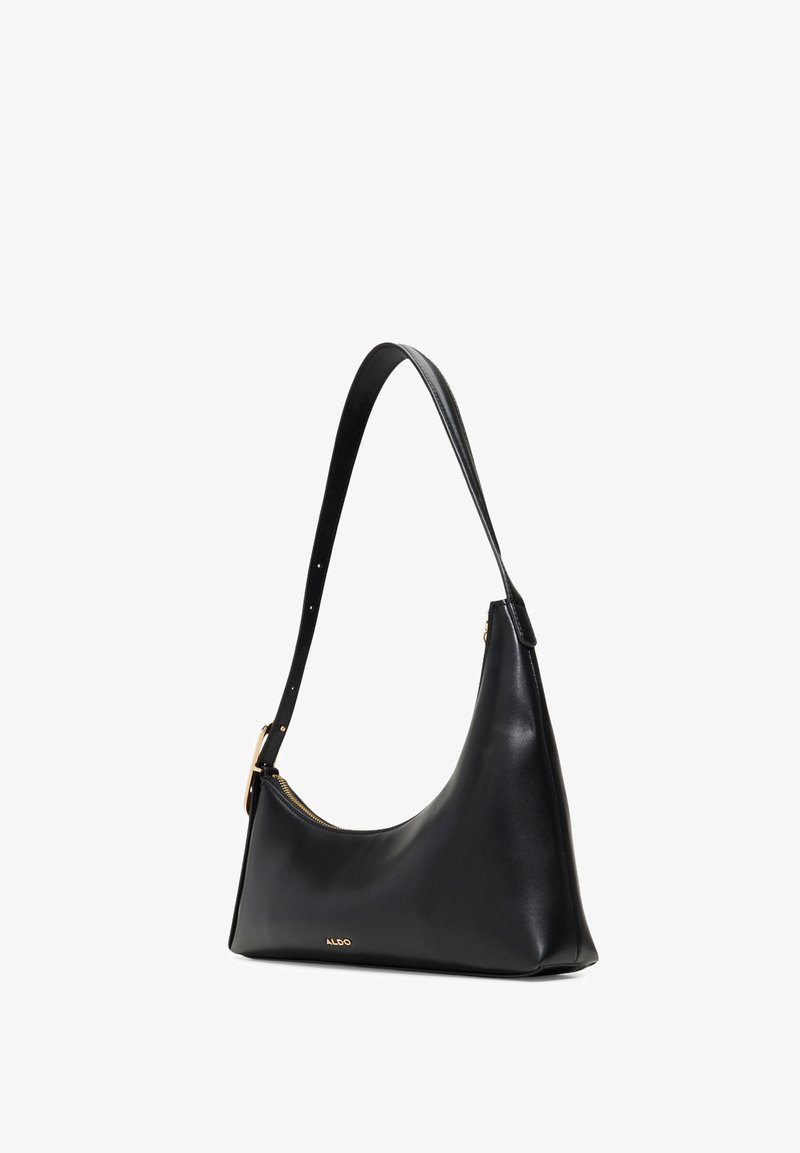 Black leather shoulder bag with a curved shape, a long adjustable strap, and subtle gold hardware accents. Features smooth texture and minimal branding.